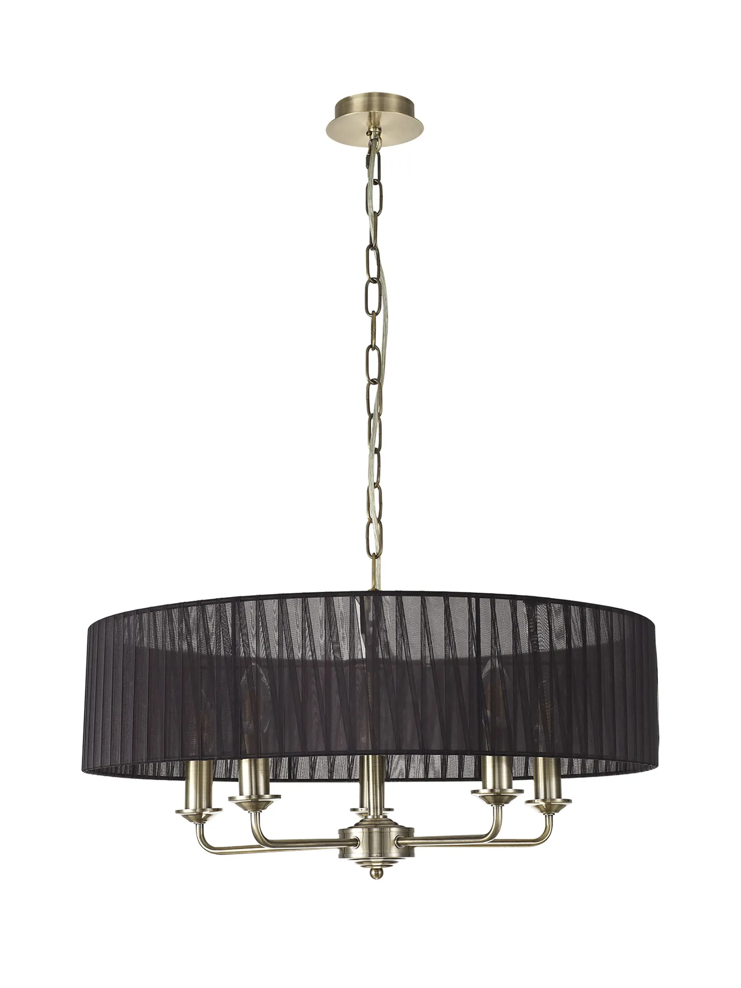 Banyan 5 Light Multi Arm Pendant With 60cm x 15cm Organza Shade Antique Brass/Black DK0868  Deco Banyan AB BL